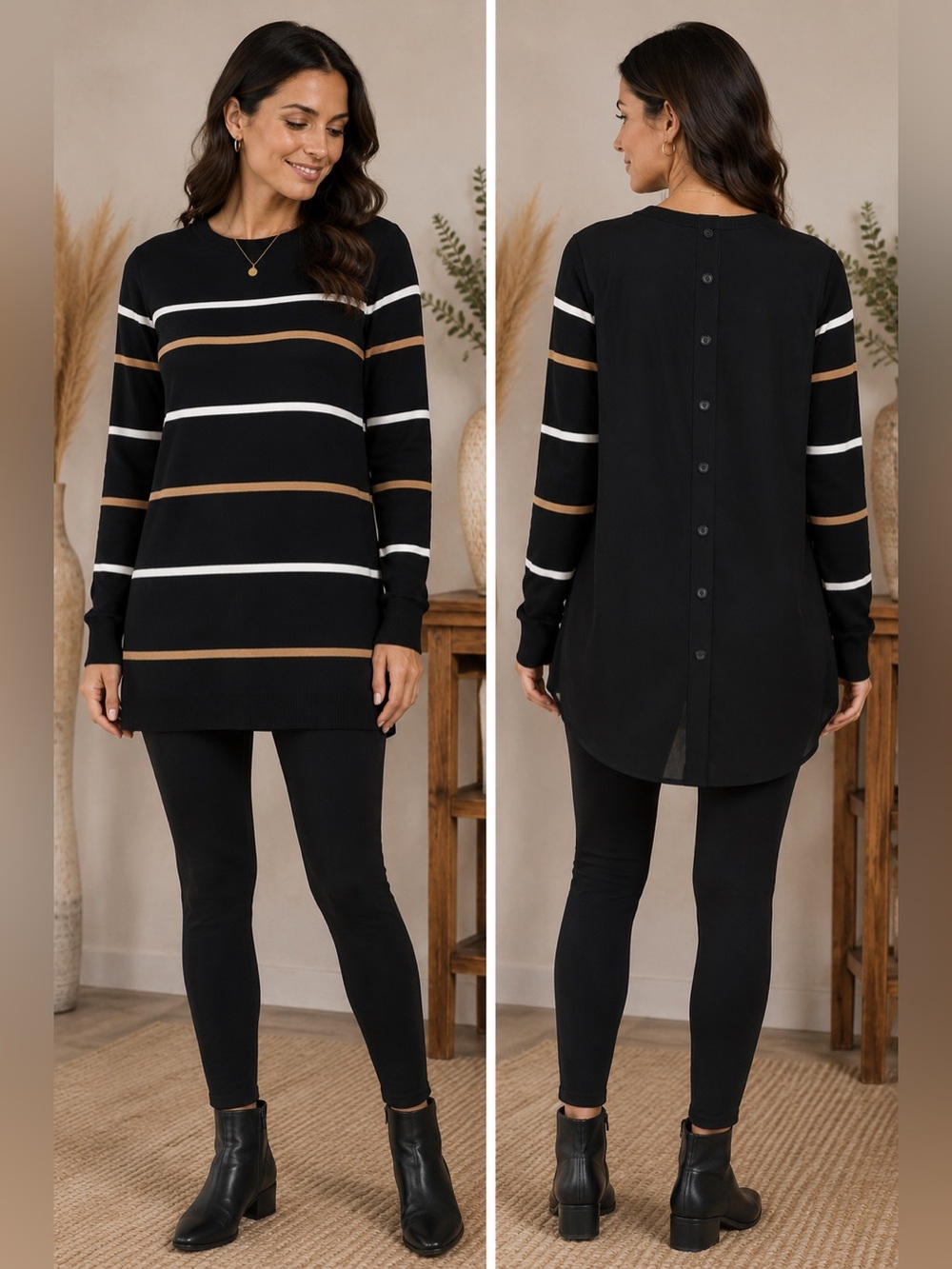PER SE Black Modal Striped Mixed Media Knit Tunic Sweater Front Button Down Back